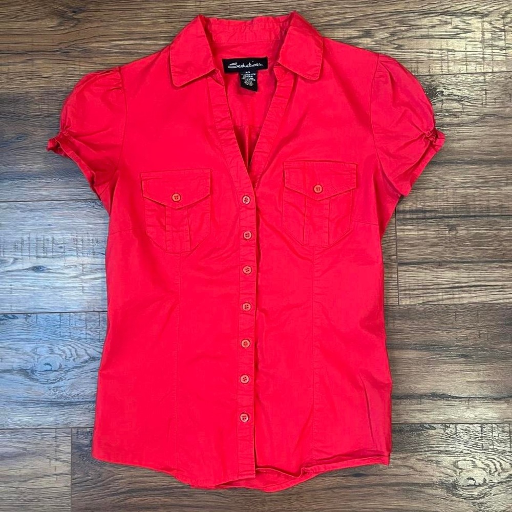 Vintage Seductions Red Button-Up Blouse M Y2K Puff Sleeve Collared Top‎ Pockets
